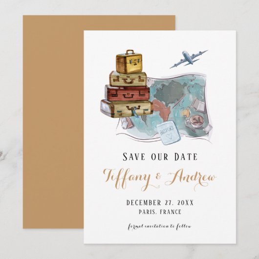 Bagage Map Destination Wedding Save the Date (Voorkant / Achterkant)