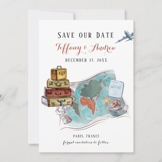 Bagage Map Destination Wedding Save the Date (Voorkant)