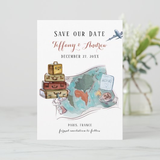 Bagage Map Destination Wedding Save the Date (Staand voorkant)