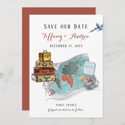 Bagage Map Destination Wedding Save the Date (Voorkant / Achterkant)
