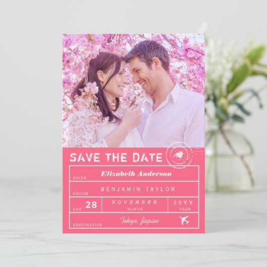 Bagagelabel bestemming bruiloft Fuchsia roze foto Save The Date (Staand voorkant)