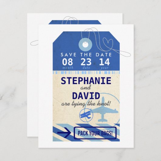 bagagelabel  bestemming Weddenschap Opslagdatum Save The Date (Voorkant / Achterkant)