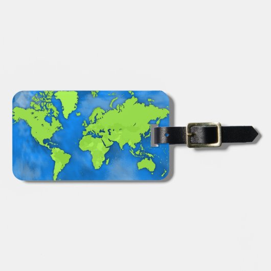 Bagagelabel blauwe en groene Wereldkaart (Voorkant horizontaal)