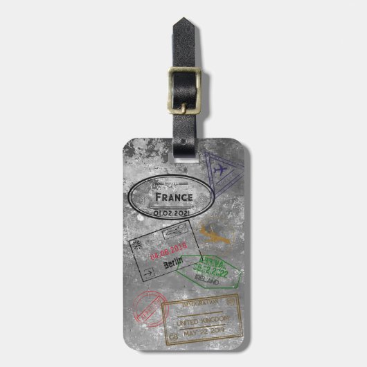 Bagagelabel met 4 paspoortzegels (Voorkant verticaal)