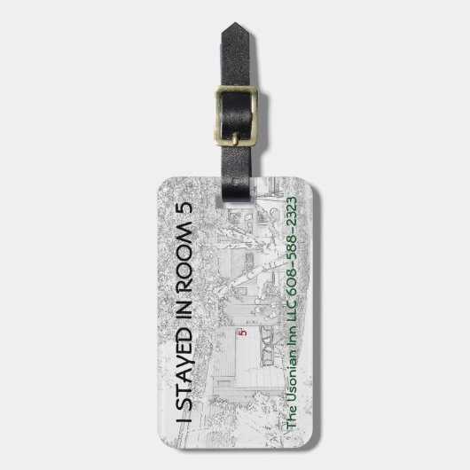 bagagelabel met lederen riem -"Ik verbleef in kame (Voorkant verticaal)