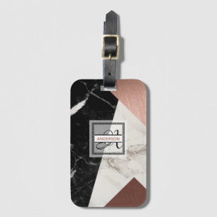 Bagagelabel met monogram Marmer roze goud geometri