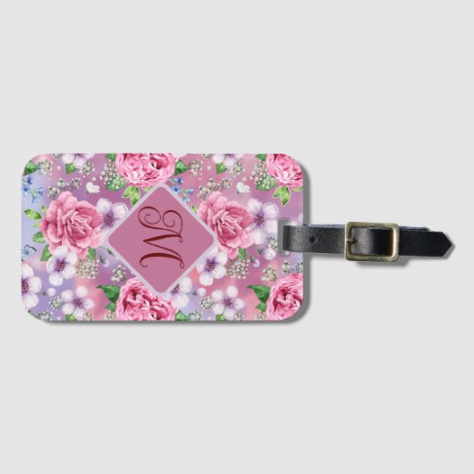Bagagelabel met roze rozen en monogram (Voorkant (horizontaal))