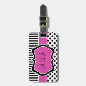 Bagagelabel met roze, zwarte, witte striped poka D (Voorkant verticaal)