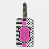 Bagagelabel met roze, zwarte, witte striped poka D (Achterkant verticaal)