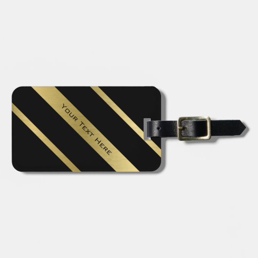 Bagagelabel met zwarte & goudstrepen met lederen r (Voorkant horizontaal)