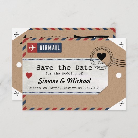 Bagagelabel Puerto Rico Airmail Save Date met Map Save The Date (Voorkant / Achterkant)