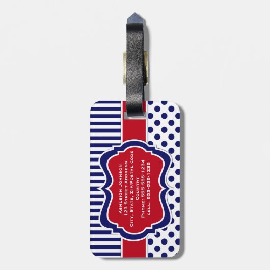 Bagagelabel rode, witte, blauwe stripte pooldots (Achterkant verticaal)