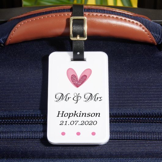 Bagagelabel - Roze Glitter Heart de heer & mevrouw (Voorkant Insitu 2)
