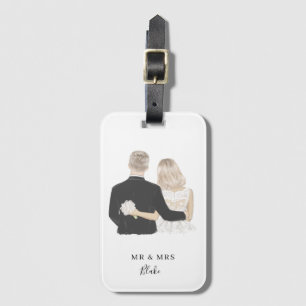 Bagagelabel ter illustratie van de bruid en de gro