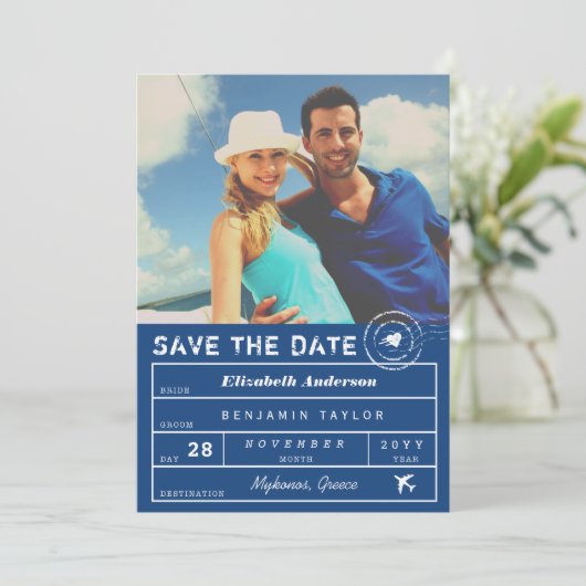 Bagagelabel van het bestemminghuwelijk save the date (Staand voorkant)