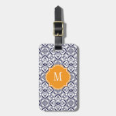 Bagagelabel van Navy Blue & White Damask Monogram (Voorkant verticaal)