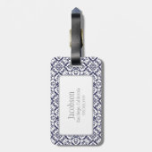 Bagagelabel van Navy Blue & White Damask Monogram (Achterkant verticaal)