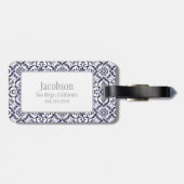 Bagagelabel van Navy Blue & White Damask Monogram (Achterkant horizontaal)