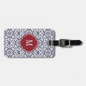 Bagagelabel van Navy Blue & White Damask Monogram (Voorkant horizontaal)