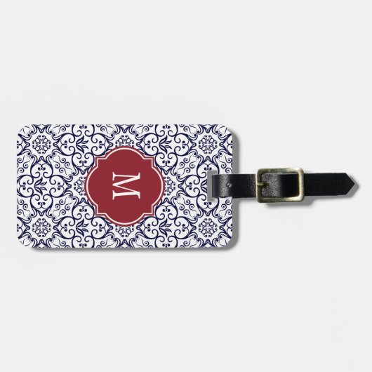 Bagagelabel van Navy Blue & White Damask Monogram (Voorkant horizontaal)