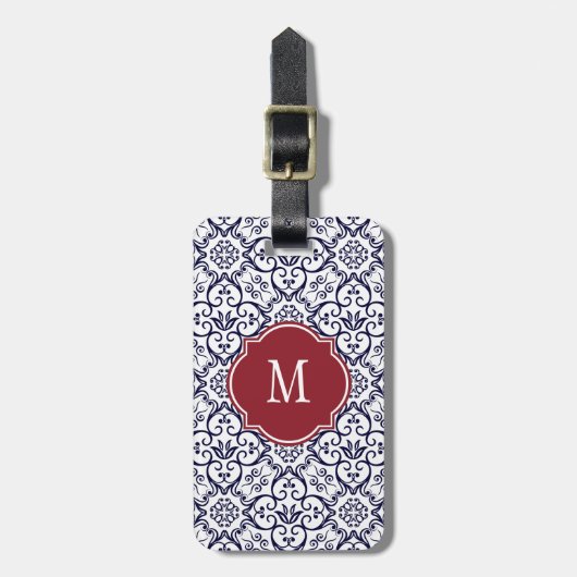 Bagagelabel van Navy Blue & White Damask Monogram (Voorkant verticaal)