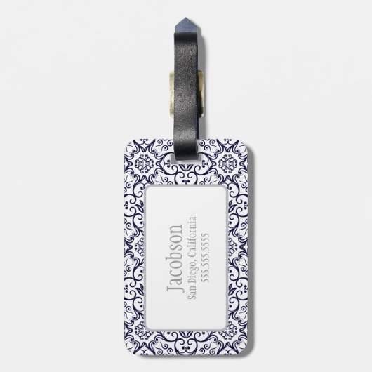 Bagagelabel van Navy Blue & White Damask Monogram (Achterkant verticaal)