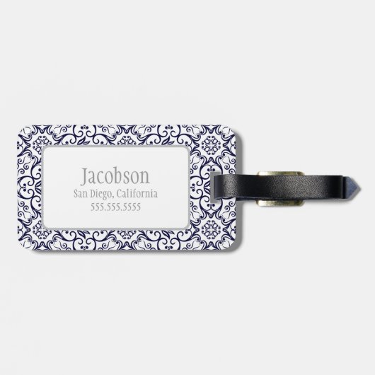 Bagagelabel van Navy Blue & White Damask Monogram (Achterkant horizontaal)