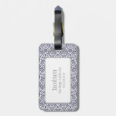 Bagagelabel van Navy Blue & White Damask Monogram (Achterkant verticaal)