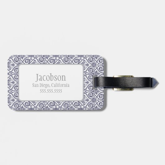 Bagagelabel van Navy Blue & White Damask Monogram (Achterkant horizontaal)