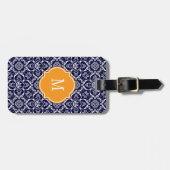 Bagagelabel van Navy Blue & White Damask Monogram (Voorkant horizontaal)