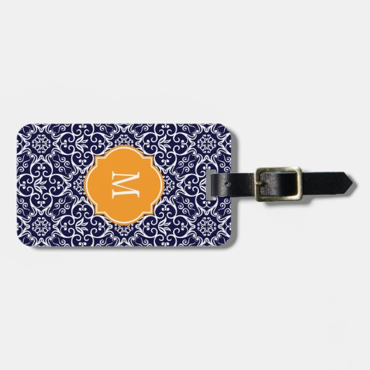 Bagagelabel van Navy Blue & White Damask Monogram (Voorkant horizontaal)