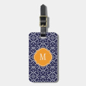 Bagagelabel van Navy Blue & White Damask Monogram (Voorkant verticaal)