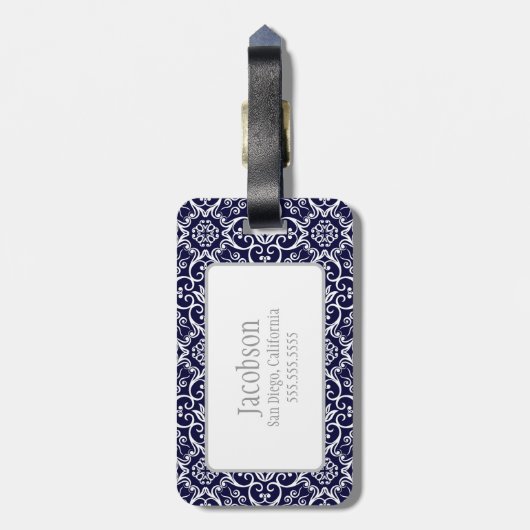 Bagagelabel van Navy Blue & White Damask Monogram (Achterkant verticaal)