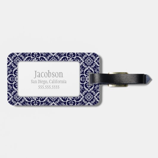 Bagagelabel van Navy Blue & White Damask Monogram (Achterkant horizontaal)