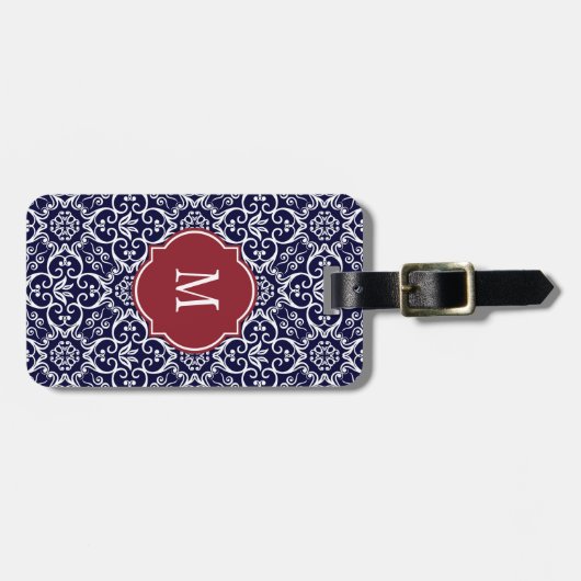 Bagagelabel van Navy Blue & White Damask Monogram (Voorkant horizontaal)