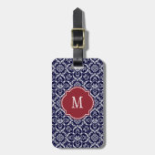 Bagagelabel van Navy Blue & White Damask Monogram (Voorkant verticaal)