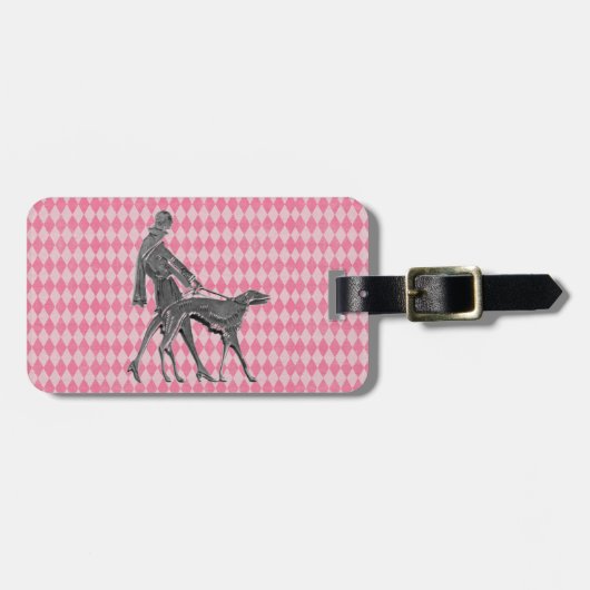 Bagagelabel van Vrouw Greyhound en Roze Argyle (Voorkant horizontaal)