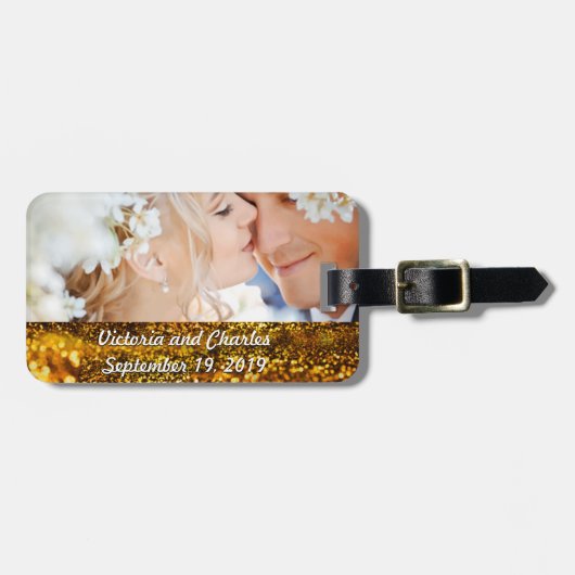 Bagagelabel voor bruiloft Gold Glitter Wedding (Voorkant horizontaal)