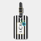 Bagagelabel zwart Stripe en blauw Floral monogram (Voorkant verticaal)