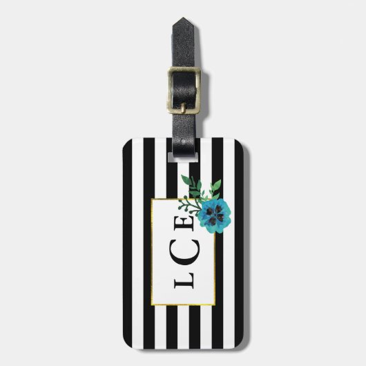 Bagagelabel zwart Stripe en blauw Floral monogram (Voorkant verticaal)