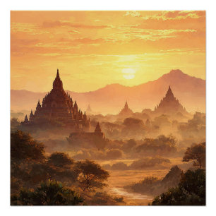 Bagan Myanmar Droge Woestijn Met Tempels Vintage  Perfect Poster