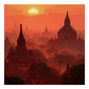 Bagan Myanmar Paleis Onder Levendige Zonsondergang Perfect Poster