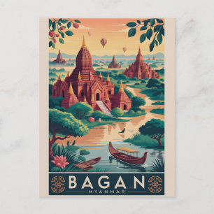 Bagan Myanmar Vintage Reisposter Tempels Kunst Feestdagenkaart