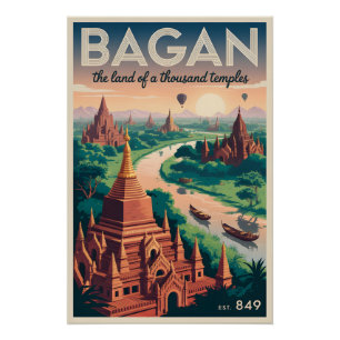 Bagan Myanmar Vintage Reisposter Tempels Kunst Perfect Poster