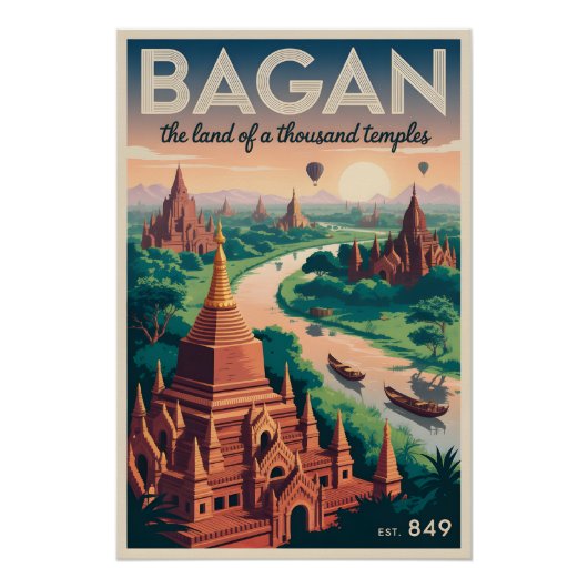 Bagan Myanmar Vintage Reisposter | Tempels Kunst Perfect Poster (Voorkant)