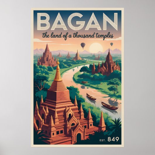 Bagan Myanmar Vintage Reisposter | Tempels Kunst Poster (Voorkant)