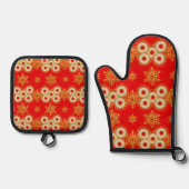 Bagel-ringen en sneeuwvlokken rood ovenwant & pannenlap set (Voorkant)