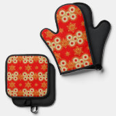 Bagel-ringen en sneeuwvlokken rood ovenwant & pannenlap set (Voorkant / Achterkant)