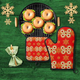 Bagel-ringen en  sneeuwvlokken rood ovenwant & pannenlap set