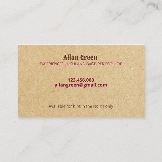 Bagpipers te huur Piper Visitekaartje (Achterkant)